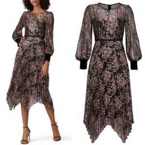 NISSA Pleated Lace Midi Dress 14 Floral Sheer Velvet Cuff Waterfall Hem